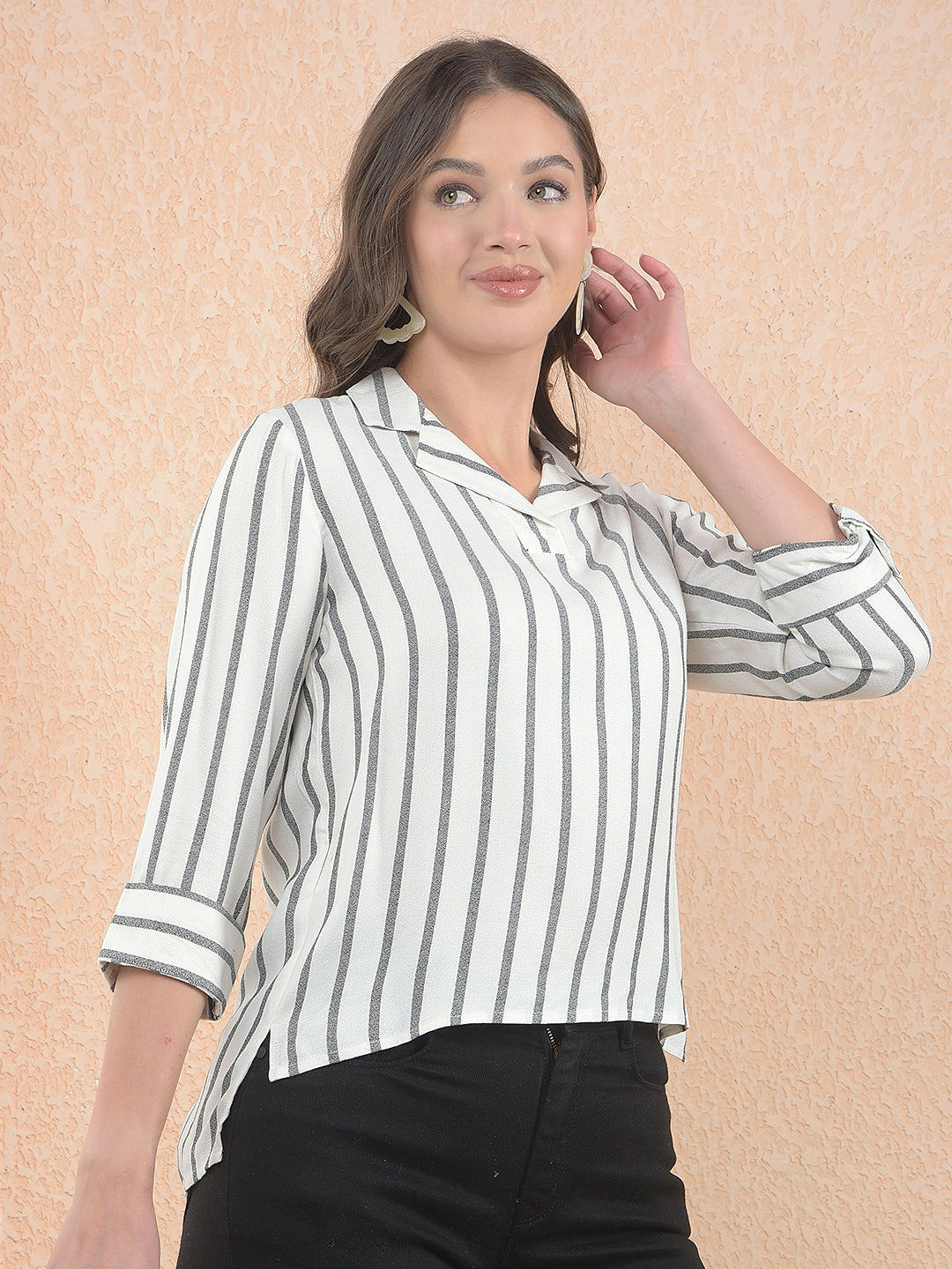 White Vertical Stripes Resort-Collar Top