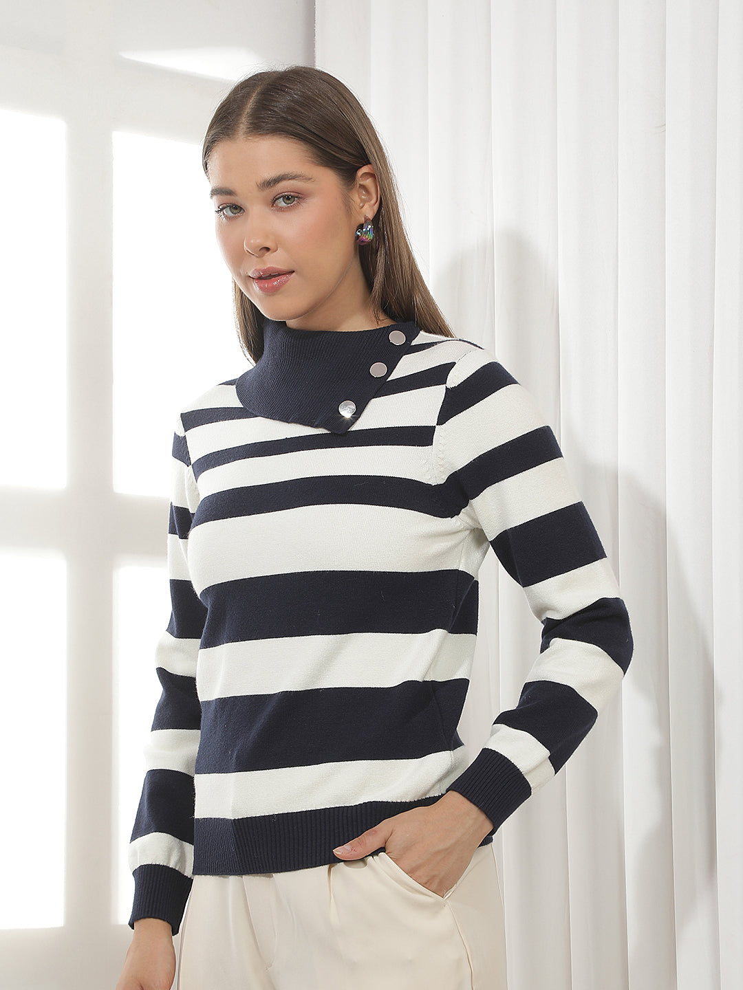 Navy Blue Horizontal Stripes High Neck Sweater