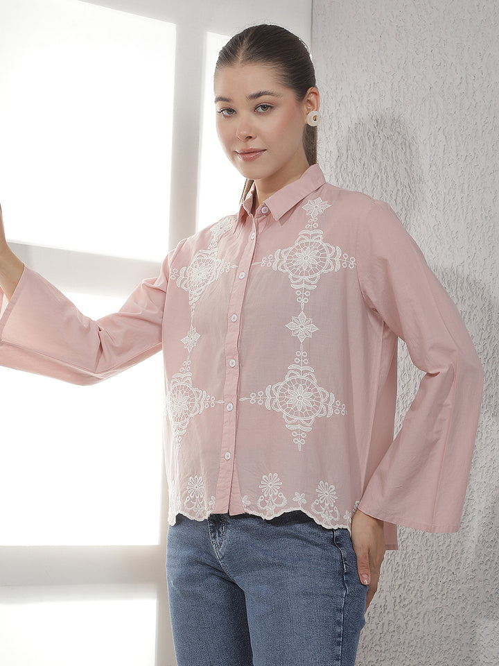 Pink Embroidered 100% Cotton Shirt