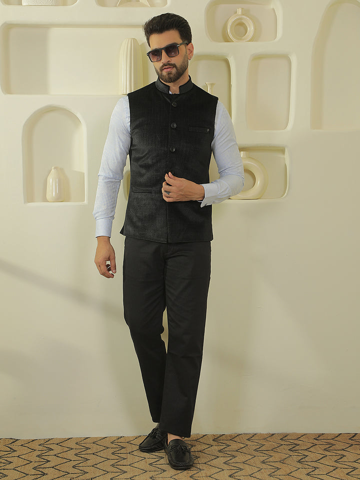 Black Textured Sleeveless Waistcoat