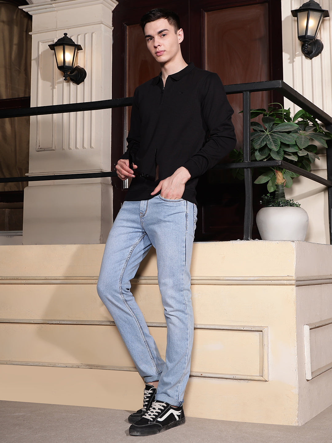 Black Polo Neck Front Open Sweatshirt