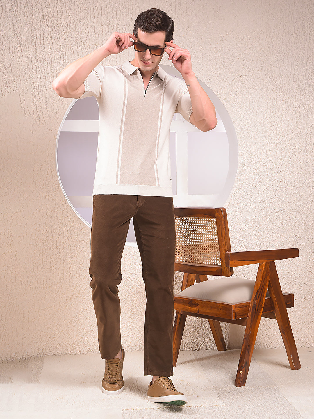 Beige Vertical Stripes Polo Neck T-Shirt