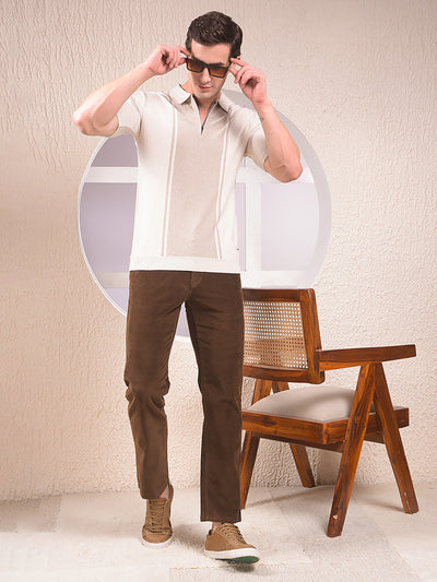 Beige Vertical Stripes Polo Neck T-Shirt