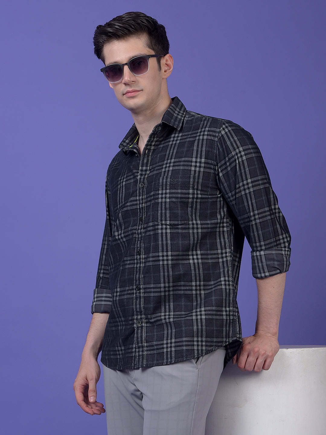 Black Checked 100% Cotton Corduroy Shirt