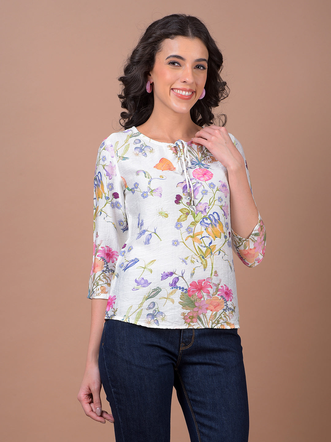 White Floral Print Top