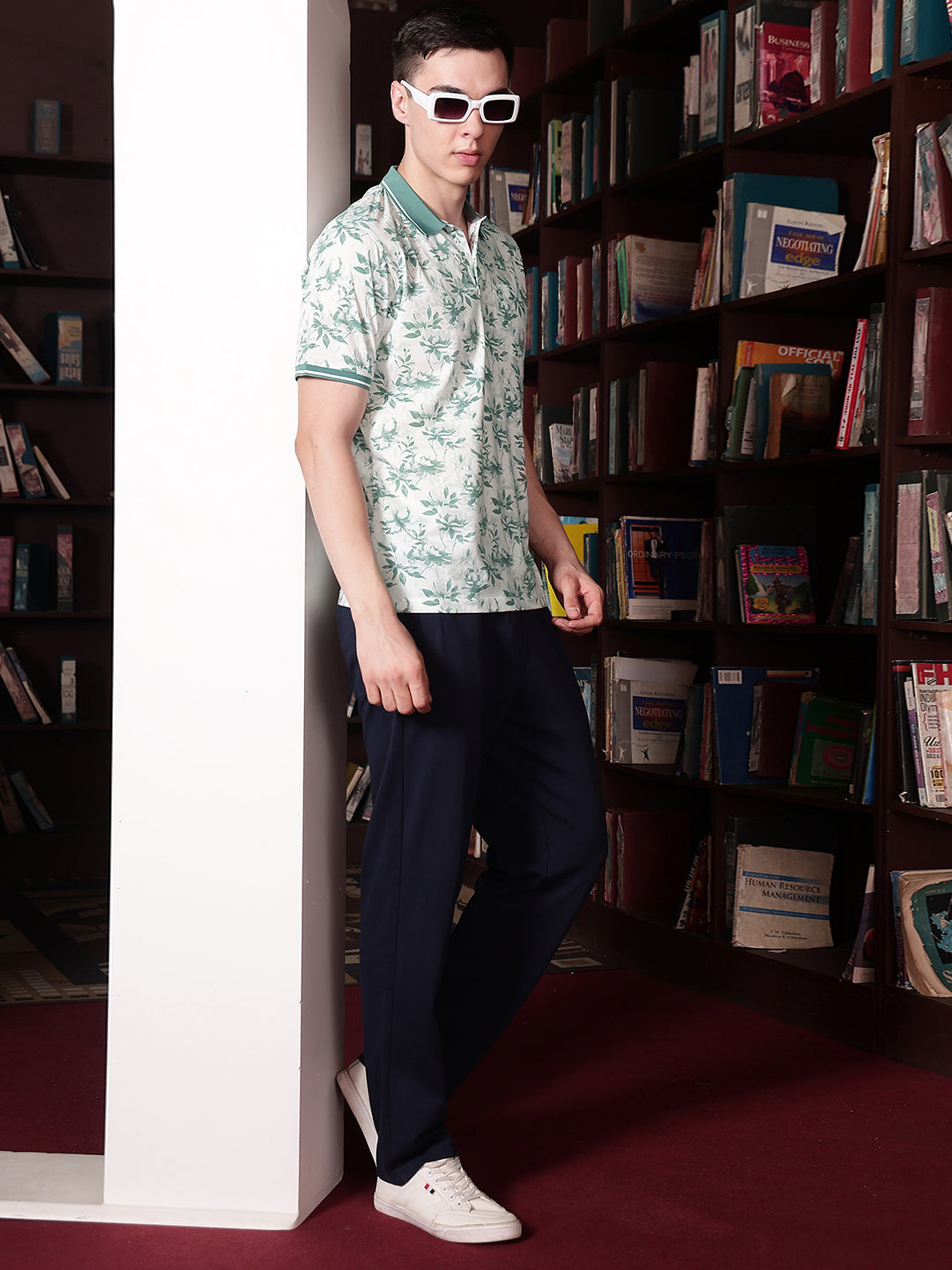 Green Floral Print Polo Neck T-Shirt