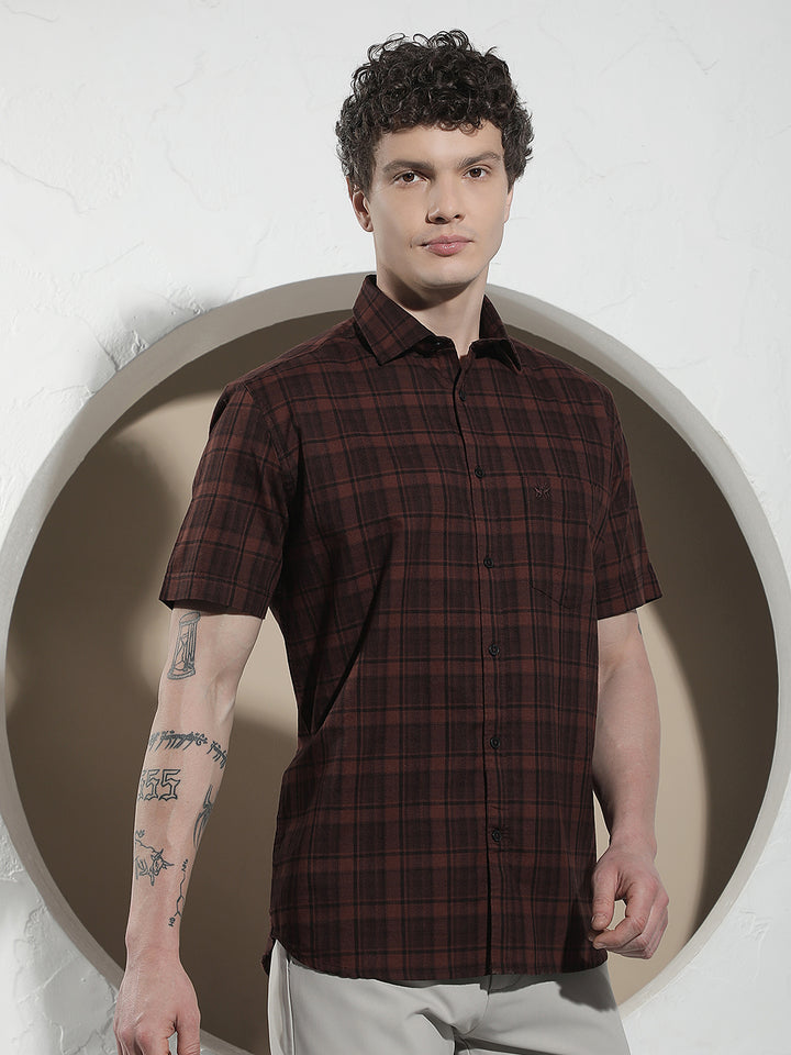 Brown Checked 100% Cotton Shirt