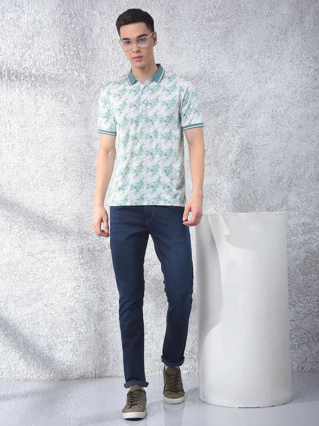 Green Floral Print Polo Neck T-Shirt