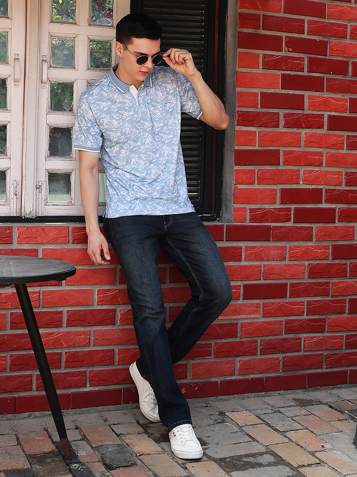 Blue Floral Print Polo Neck T-Shirt