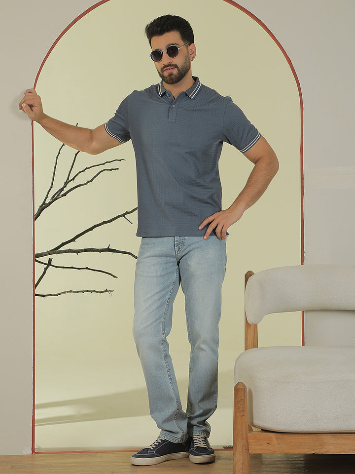 Blue Jacquard Polo Neck T-Shirt