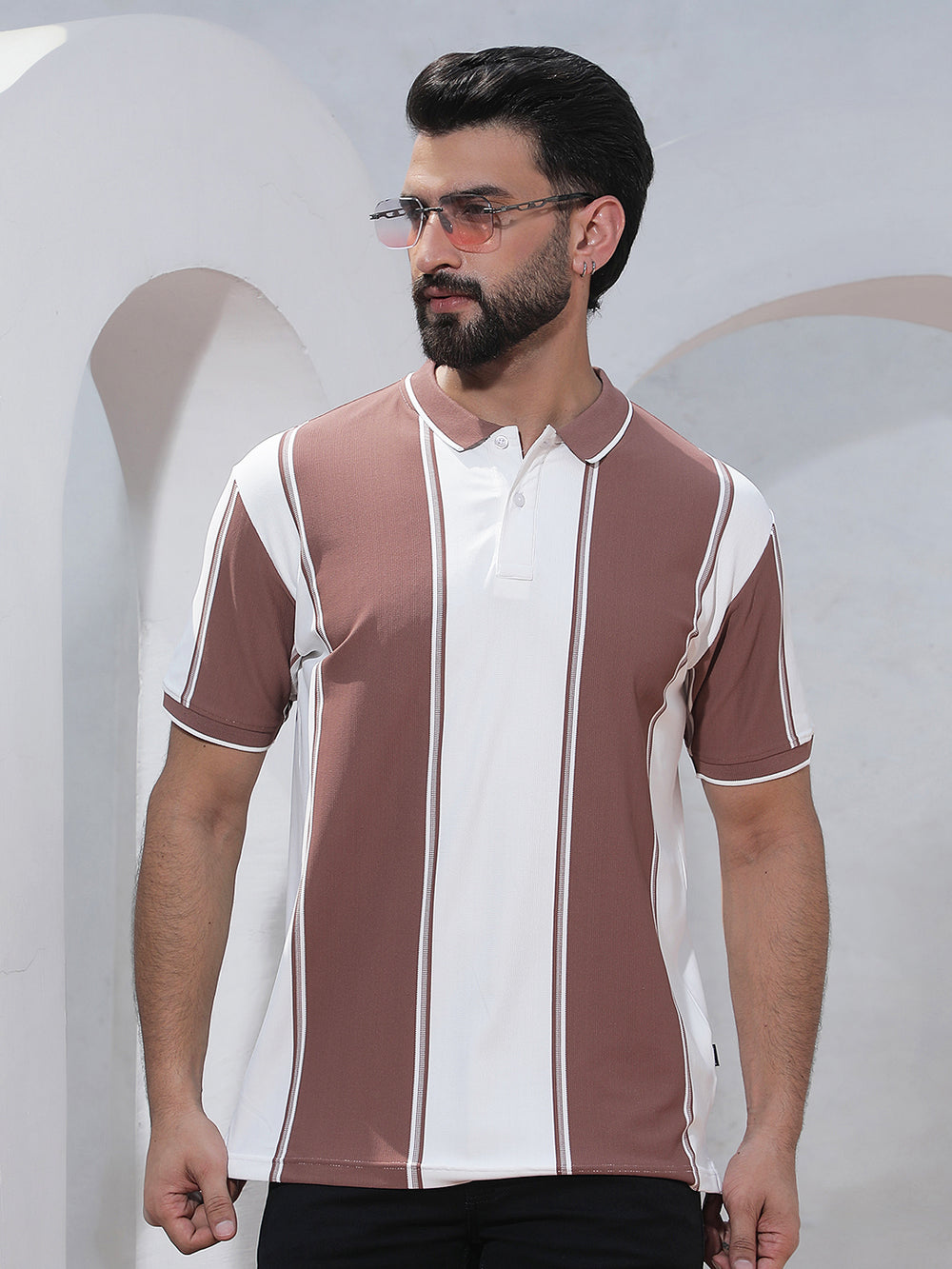 Purple Vertical Striped Polo Neck T-Shirt