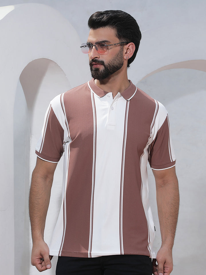 Purple Vertical Striped Polo Neck T-Shirt