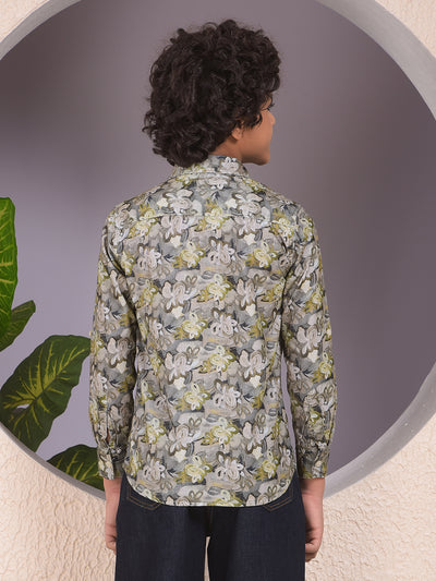 Green Floral Print 100% Cotton Corduory Shirt