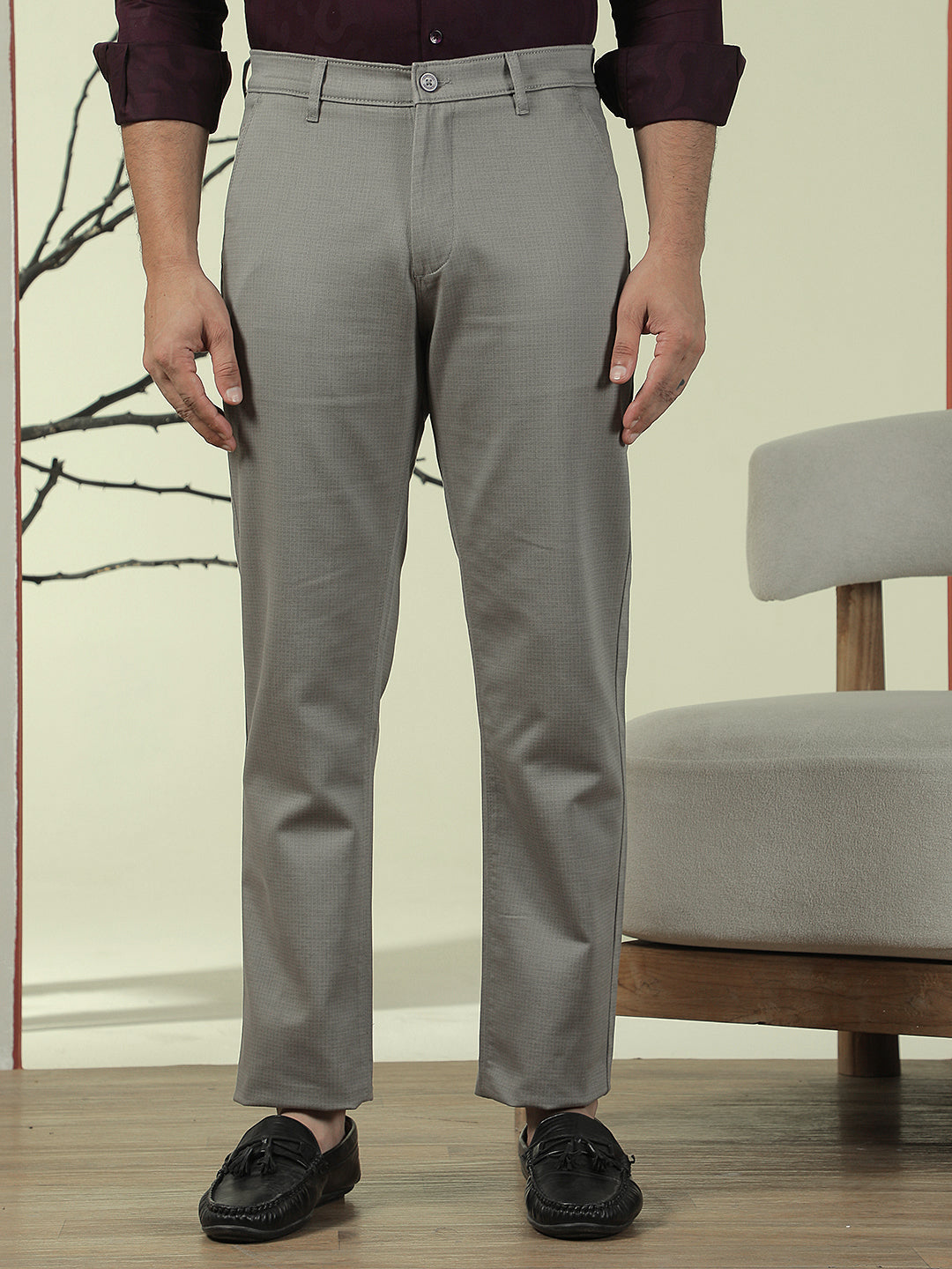 Grey Printed Straight Trousers