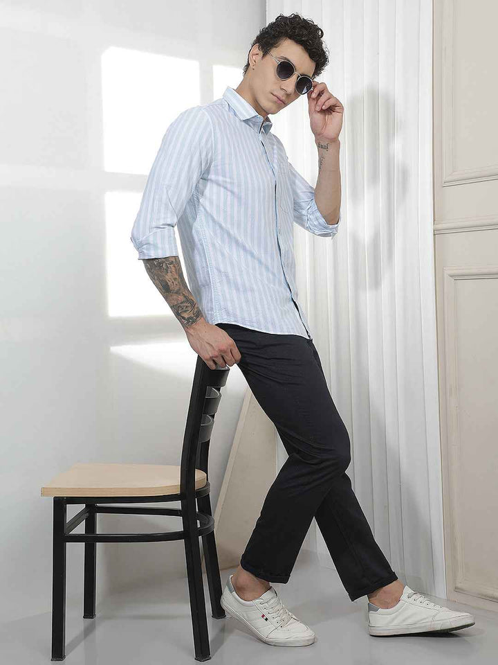 Sky Blue Vertical Striped 100% Cotton Shirt