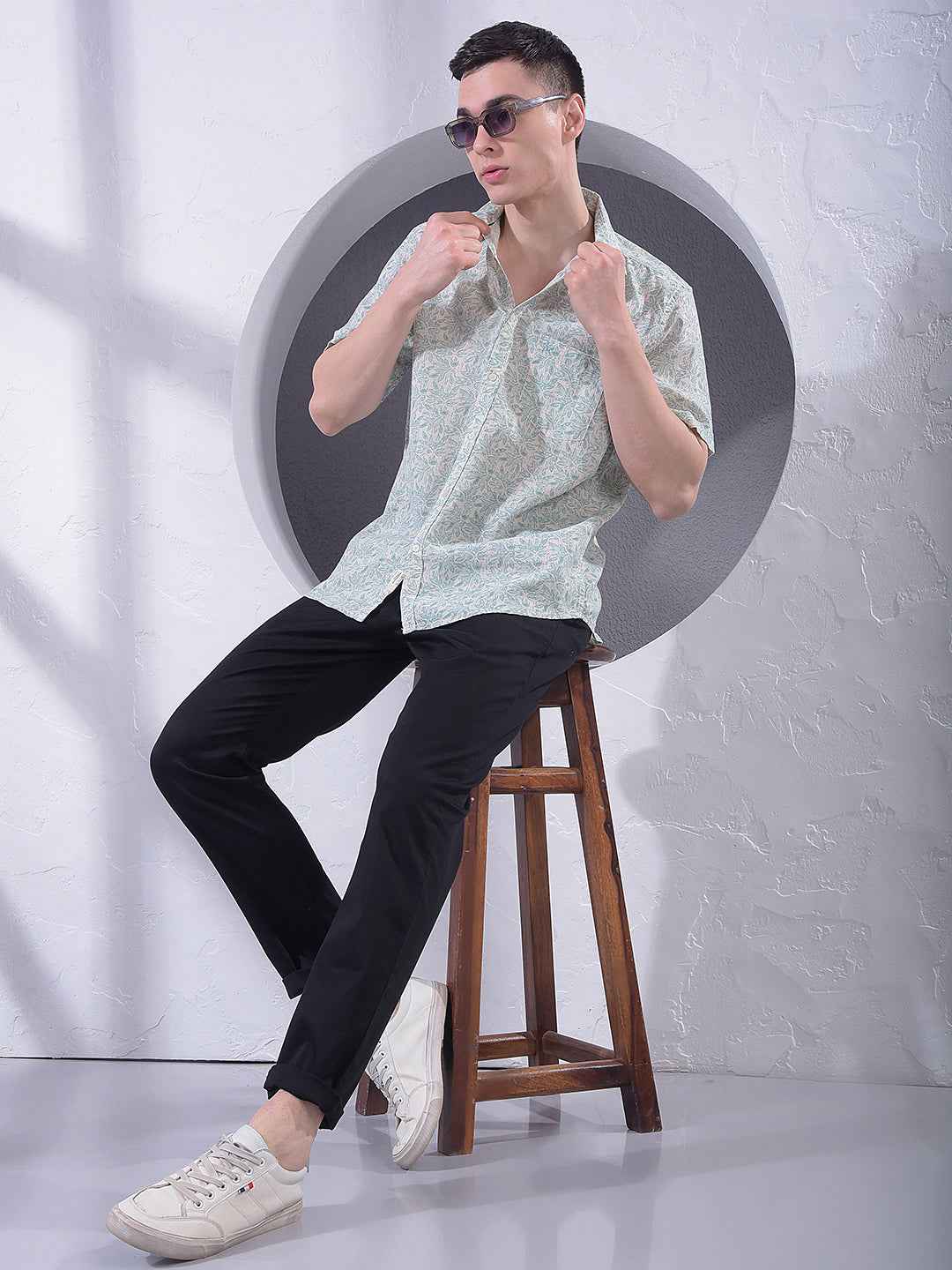 Green Floral Print Linen Shirt