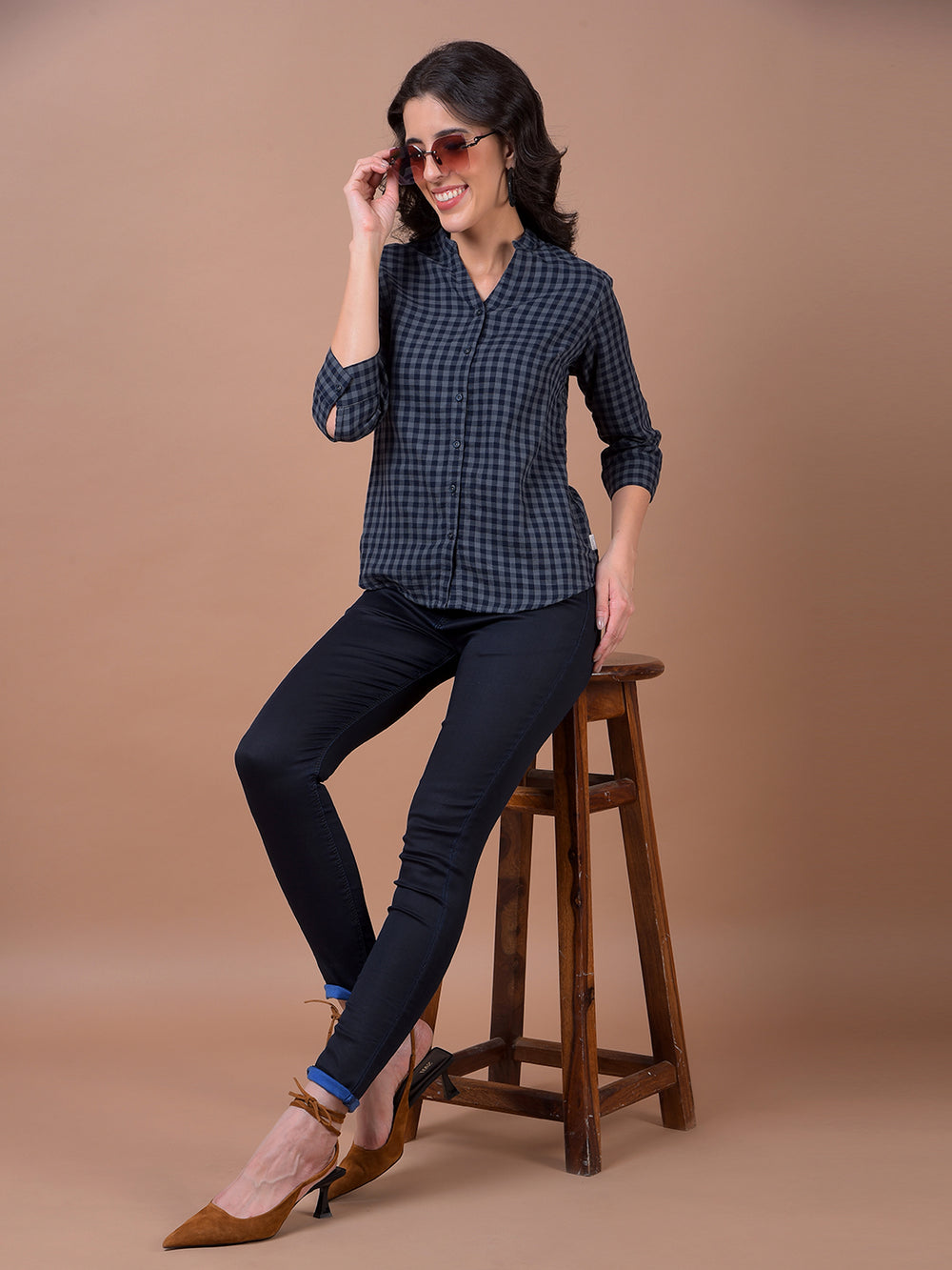 Blue Checked 100% Cotton V-Neck Shirt