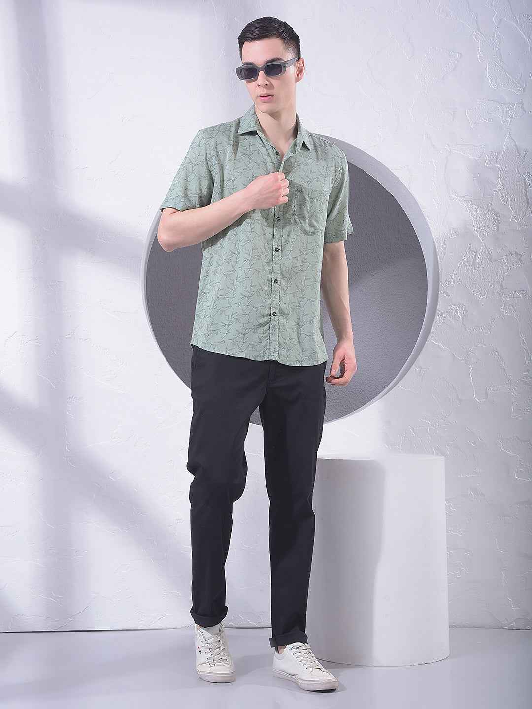 Green Floral Print Linen Shirt