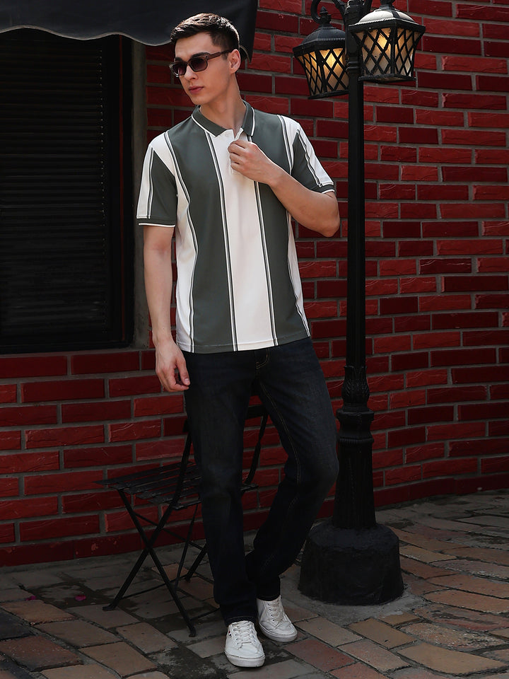 Green Vertical Striped Polo Neck T-Shirt