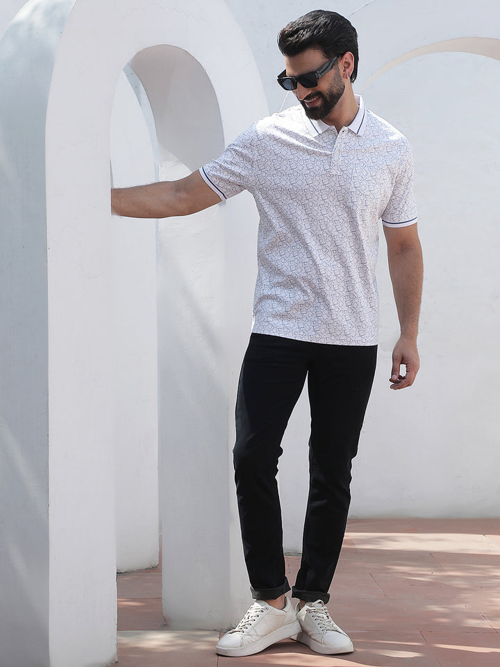 Blue Geometric Print Polo Neck 100% Cotton T-Shirt