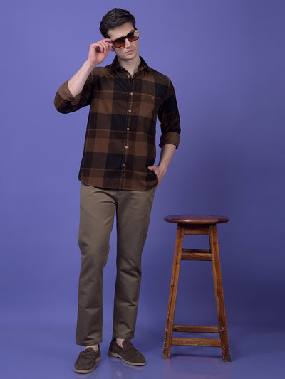 Brown Checked 100% Cotton Corduroy Shirt