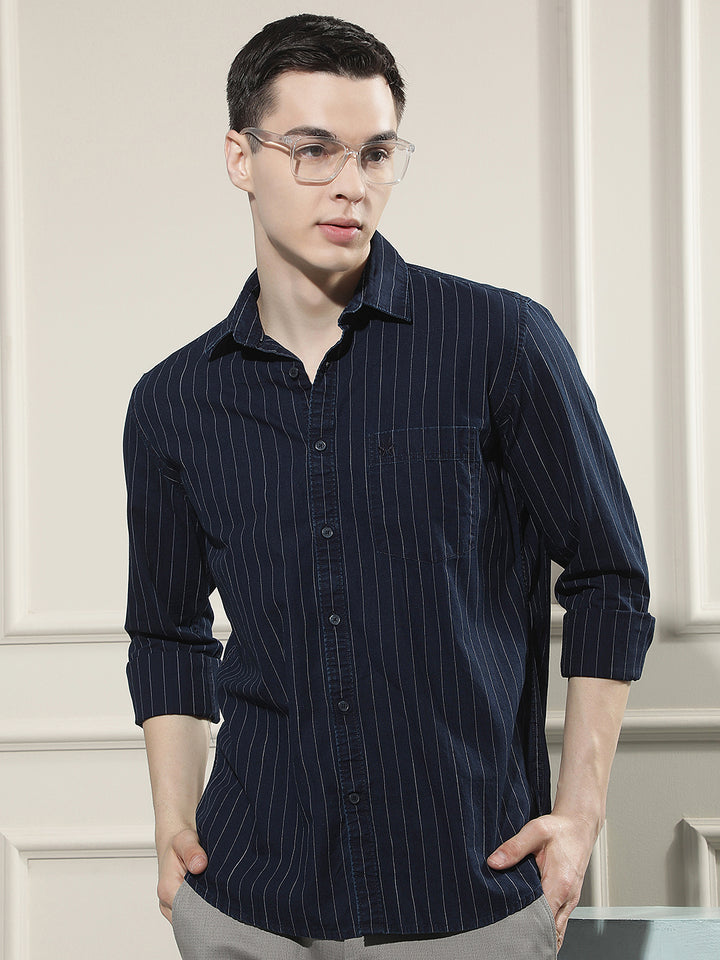 Navy Blue Vertical Stripes 100% Cotton Shirt