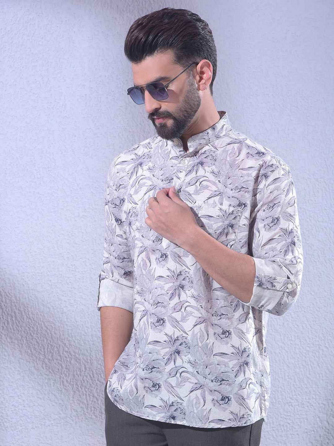 Purple Floral Print Linen Kurta