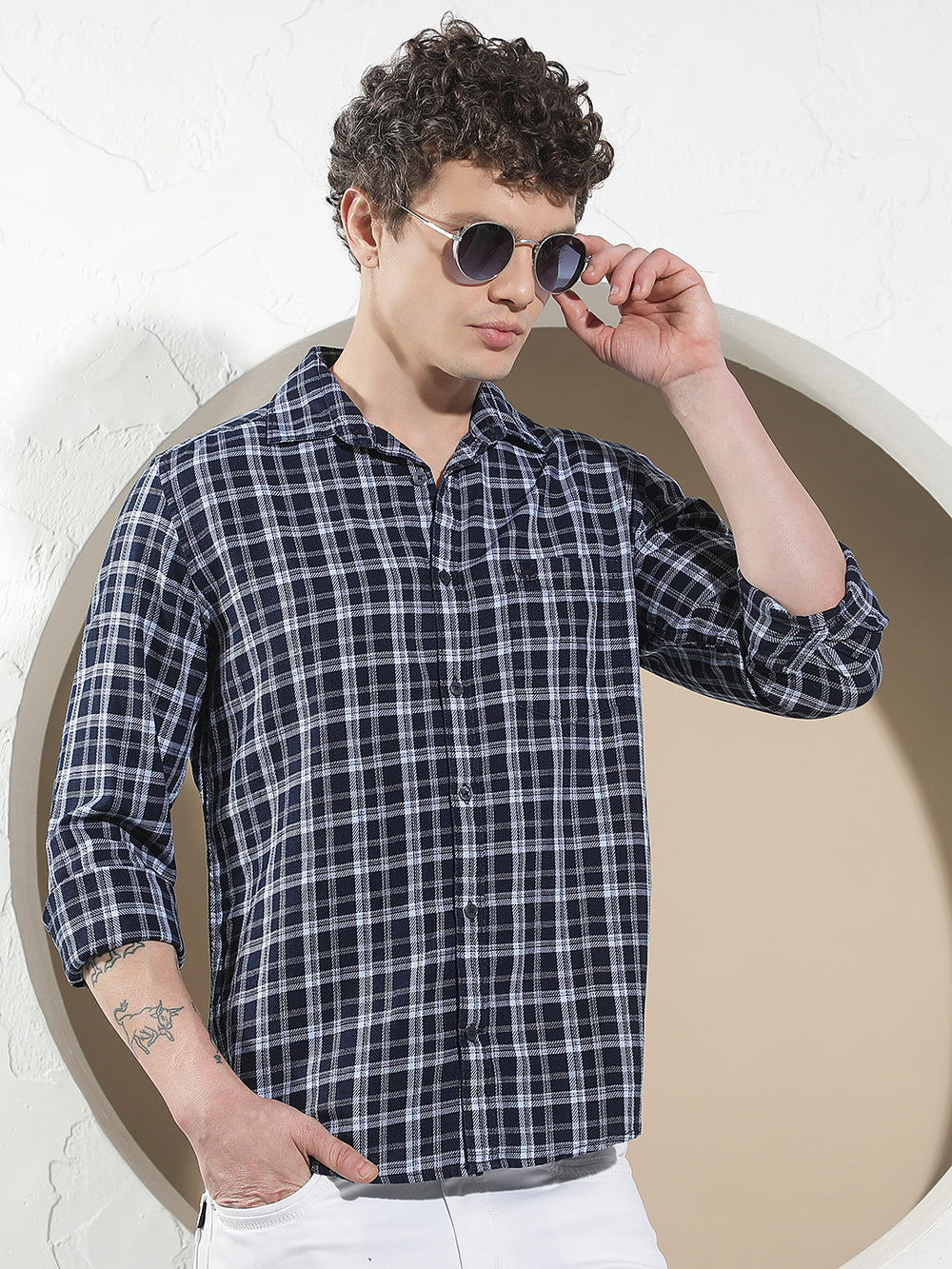 Navy Blue 100% Cotton Checked Shirt