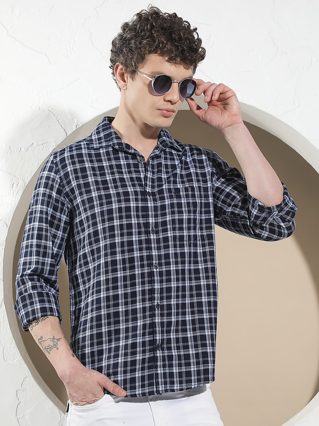Navy Blue 100% Cotton Checked Shirt