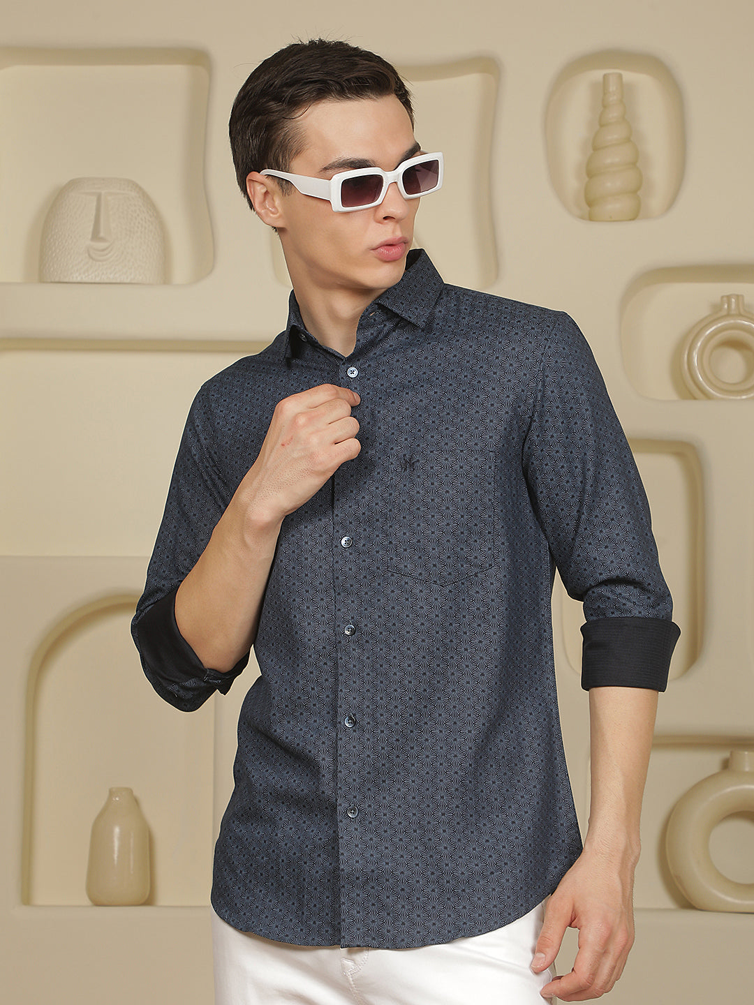 Navy Blue Floral Print Shirt