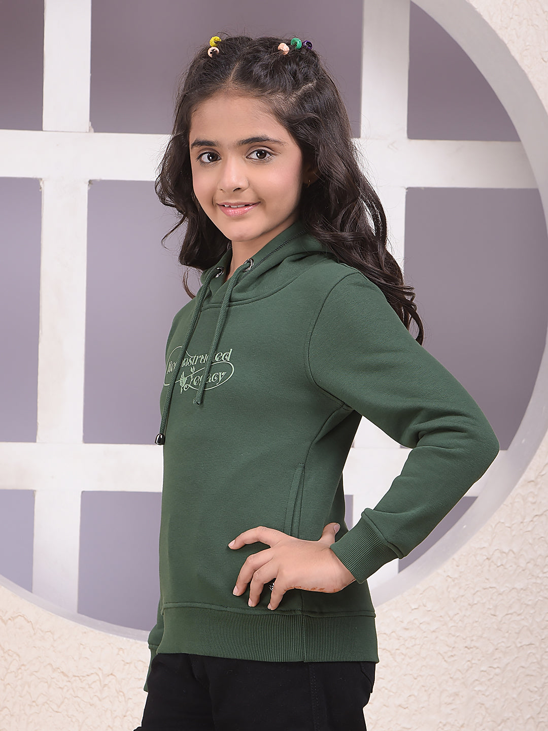 Green Typographic Print Hooded Neck Sweatshirt