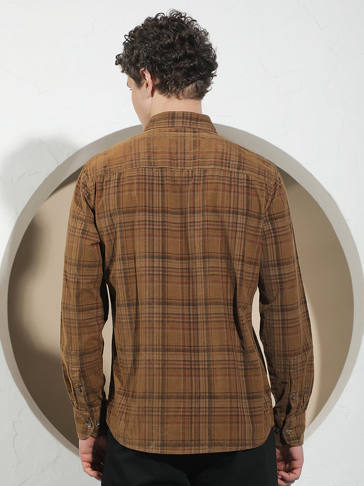 Brown Checked 100% Cotton Corduroy Shirt