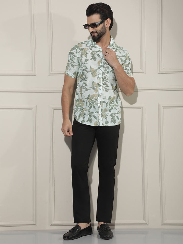 Green Floral Print Linen Shirt