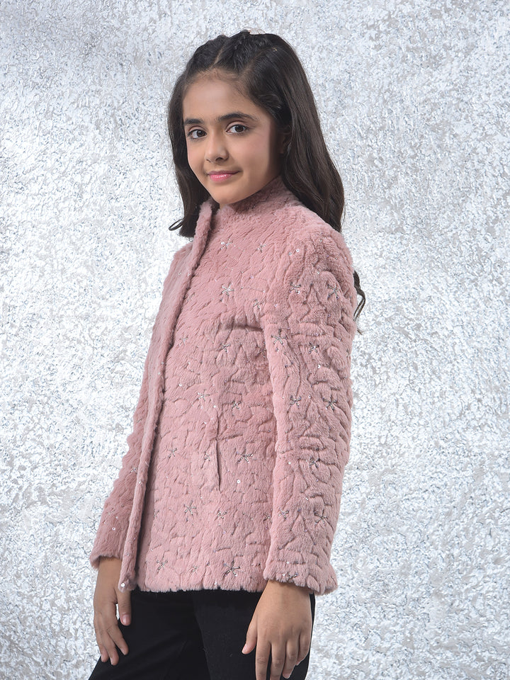 Dusty Pink Plush Embroidered Coat