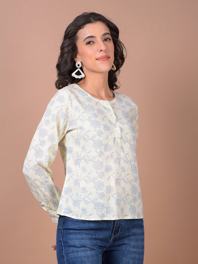 Yellow Floral Print Linen Top