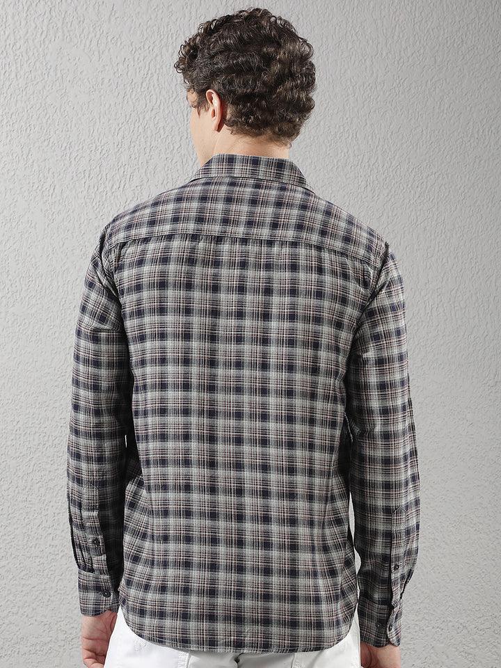 Navy Blue 100% Cotton Checked Shirt