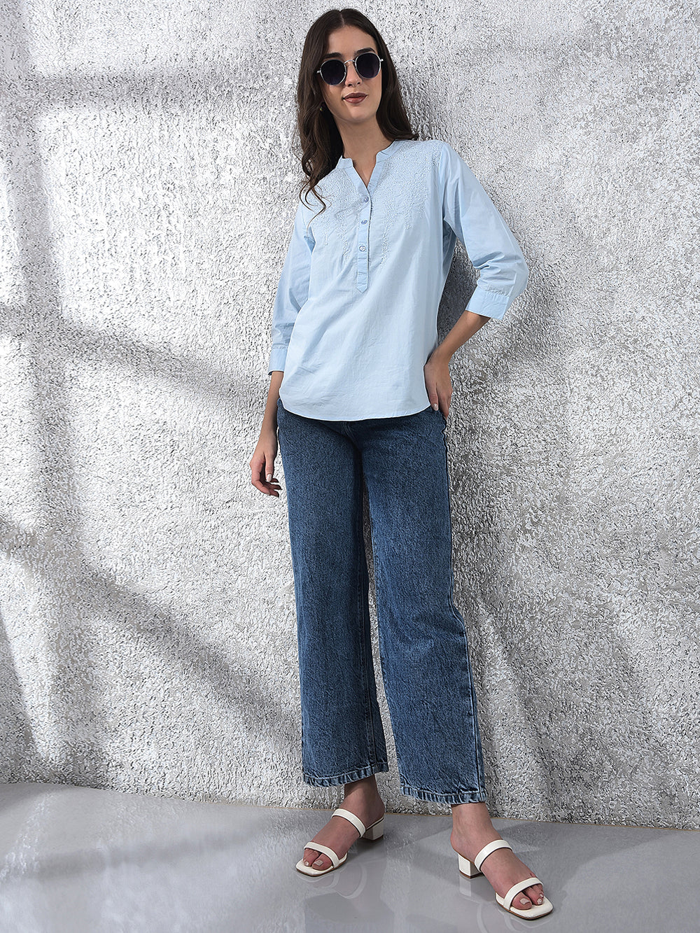 Blue Embroidered V-Neck 100% Cotton Top