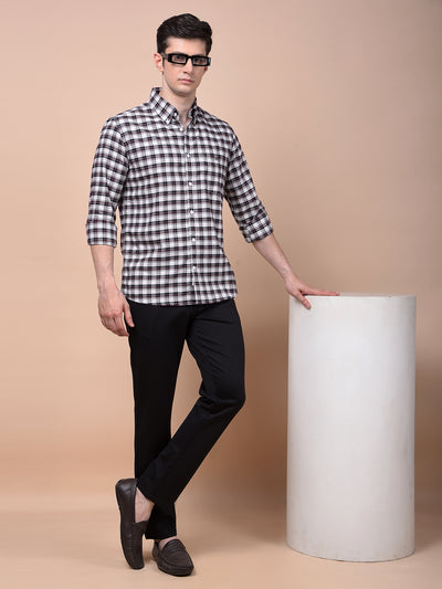 Wine Checked Button-Down Collar 100% Cotton Shirt