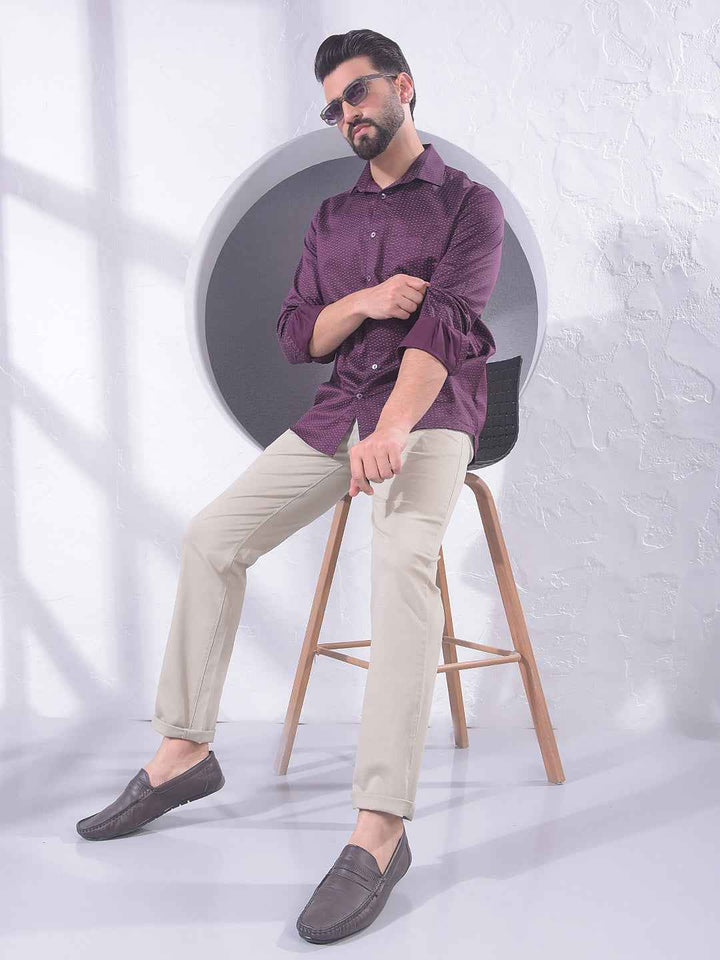 Beige Printed Straight Trousers