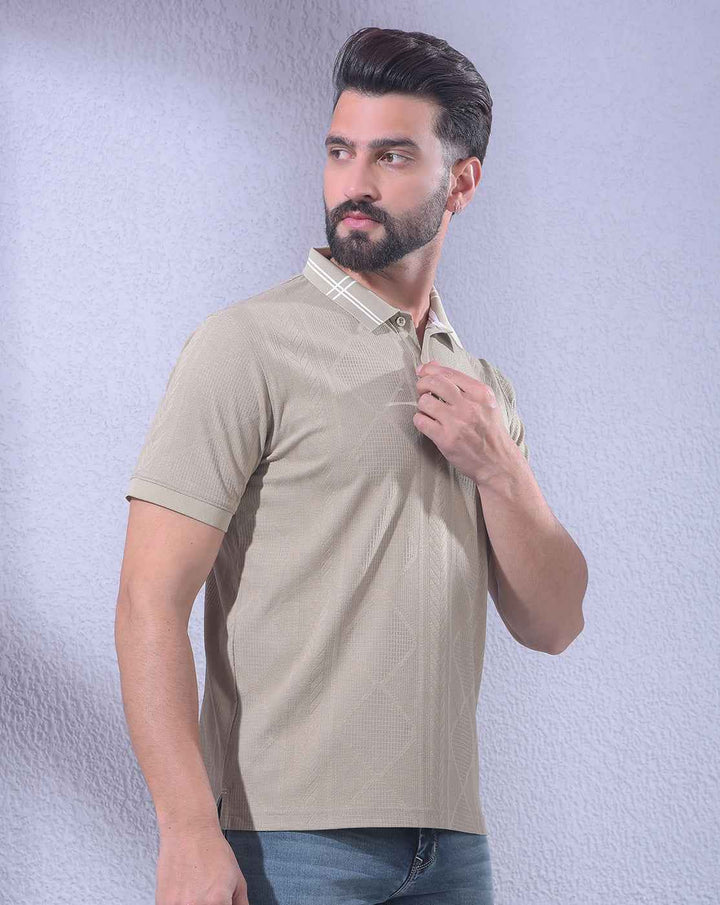 Beige Jacquard Polo Neck T-Shirt