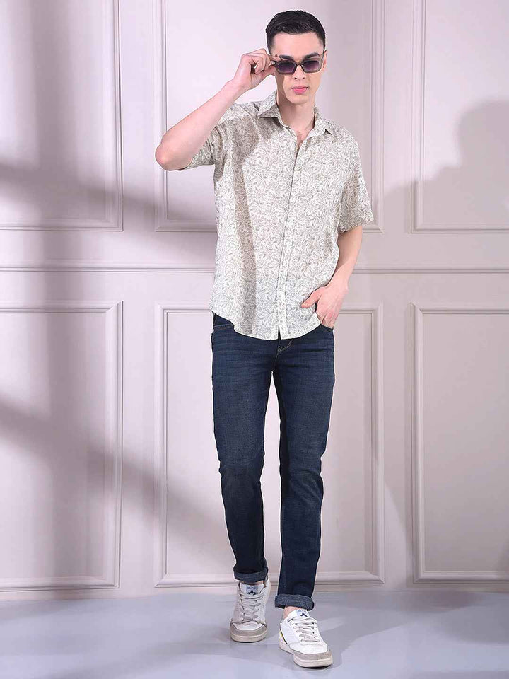 Olive Linen Floral Print Shirt