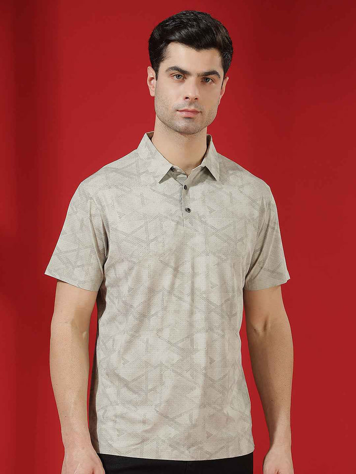 Beige Abstract Print Polo T-Shirt