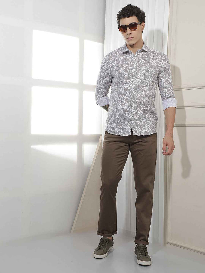 Brown Printed Straight Cotton Trousers