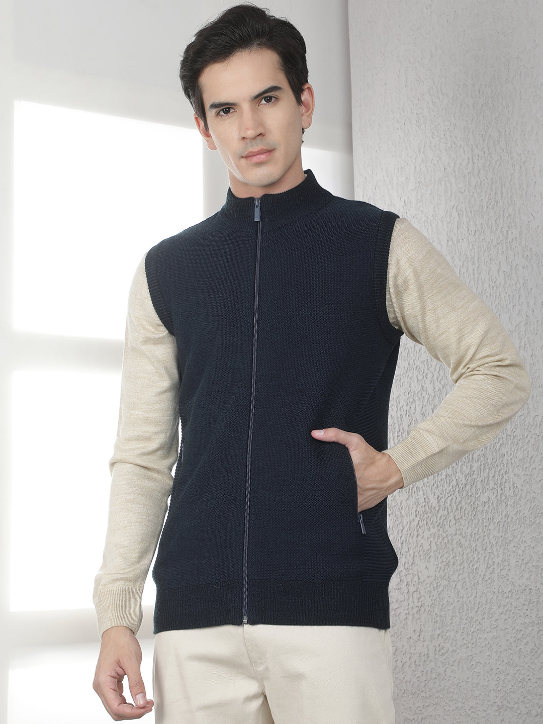 Navy Blue Sleeveless High Neck Sweater