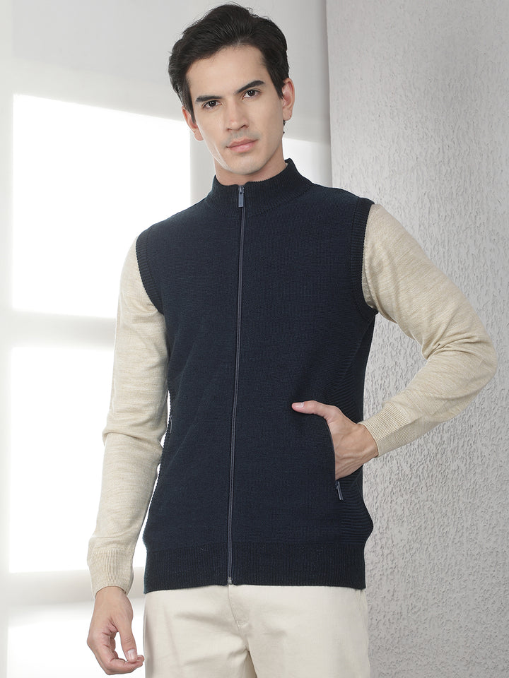 Navy Blue Sleeveless High Neck Sweater