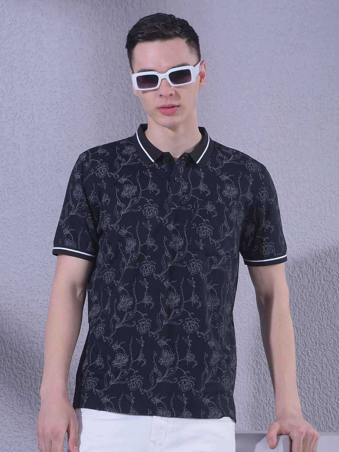 Black Floral Print Polo Neck T-Shirt