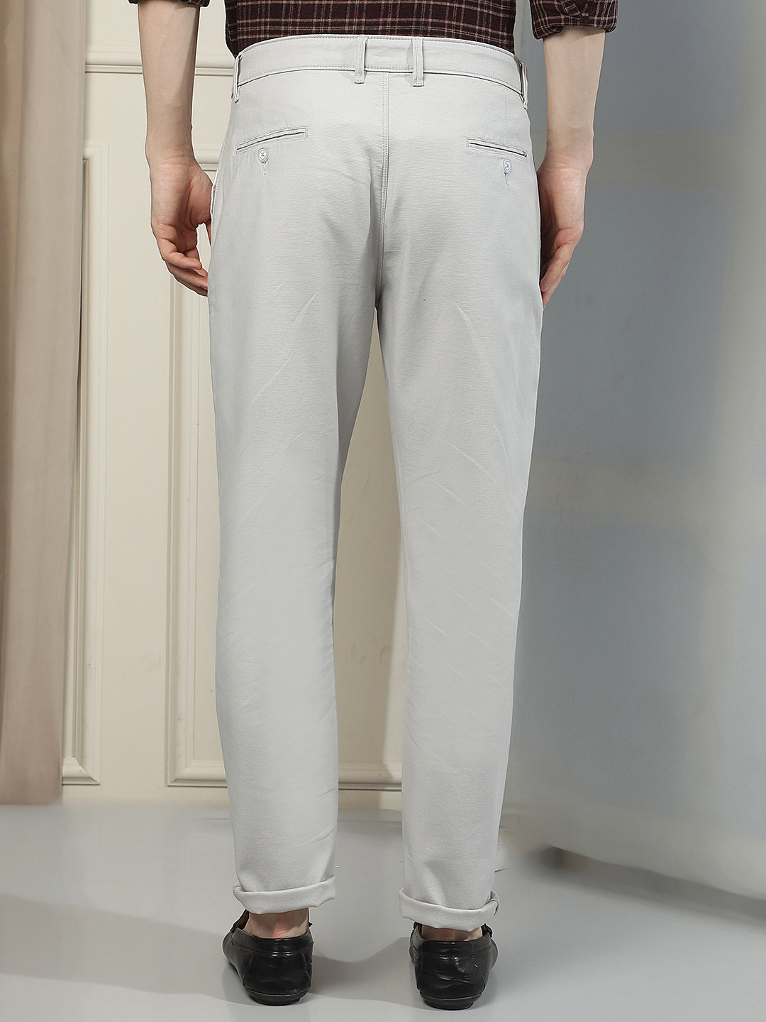 Grey Cotton Stretchable Dobby Trousers