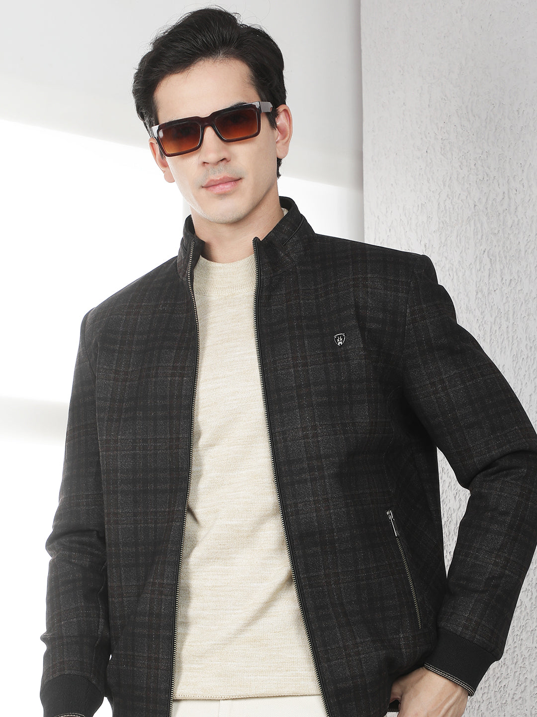 Brown Checked Bomber Jacket