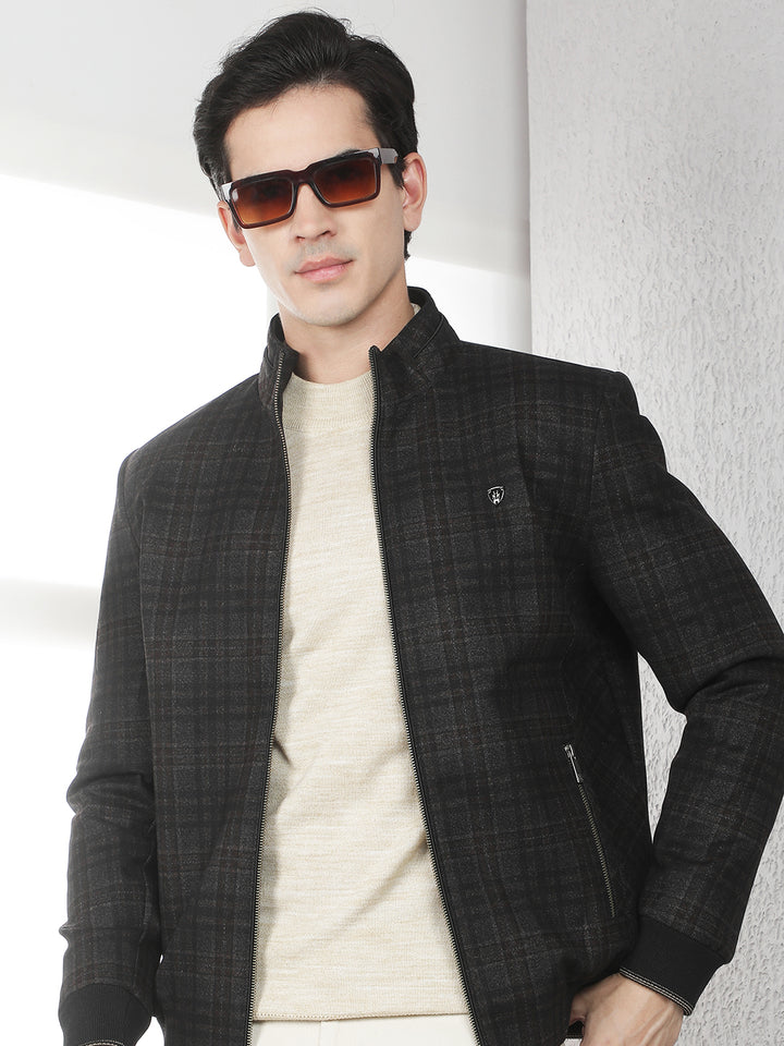 Brown Checked Bomber Jacket