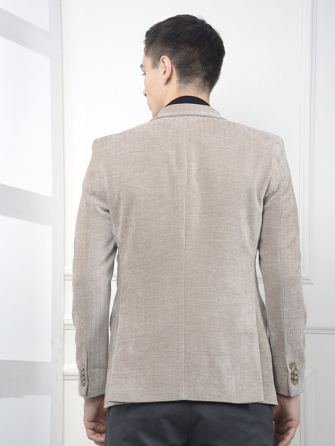 Beige Vertical Striped Notched Lapel Single Breasted Blazer